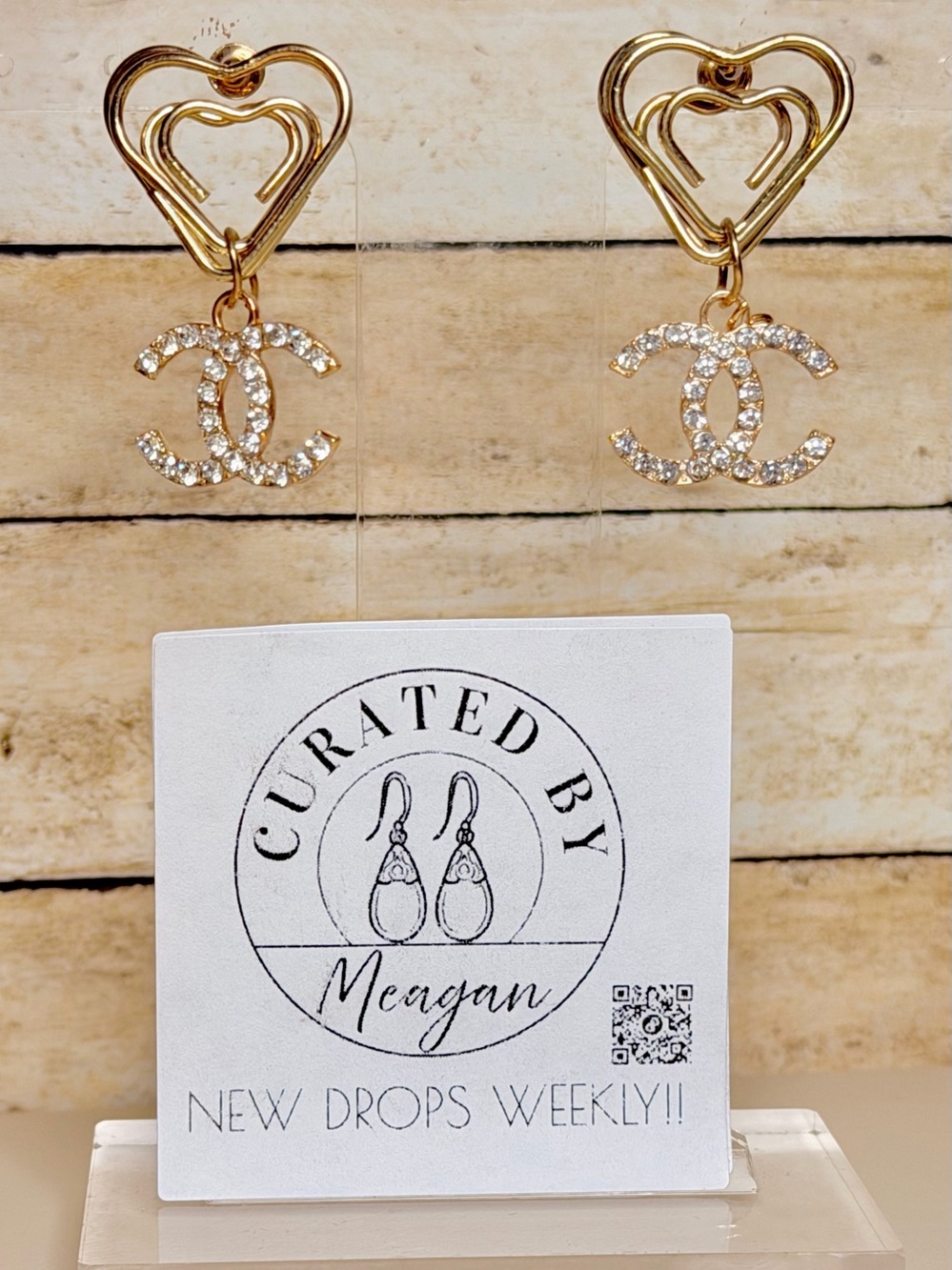 CC Gold Heart Drop Earrings with Crystal Charm